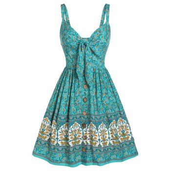 

Allover Floral Print A Line Dress Bowknot Keyhole Mock Button Bohemian Mini Dress, Green