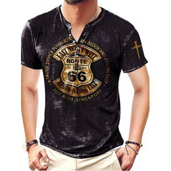 

Vintage Slogan Badge Dark Wash Print Graphic T Shirt Half Button Short Sleeve Casual Tee, Black