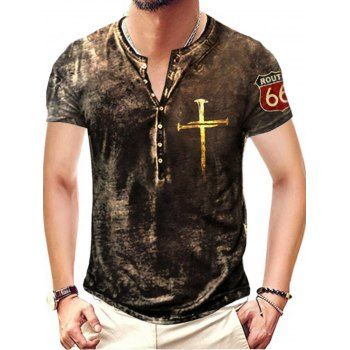 

Vintage Half Button T Shirt Cross Badge Graphic Short Sleeve Summer Tee, Brown