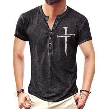 

Vintage Half Button T Shirt Cross Print Short Sleeve Heathered Summer Tee, Black