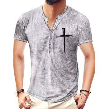 

Vintage Half Button T Shirt Cross Print Short Sleeve Heathered Summer Tee, White
