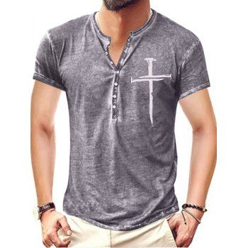 

Vintage Half Button T Shirt Cross Print Short Sleeve Heathered Summer Tee, Gray