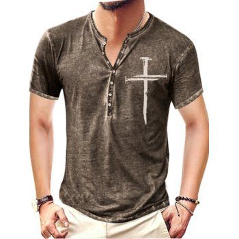 

Vintage Half Button T Shirt Cross Print Short Sleeve Heathered Summer Tee, Brown