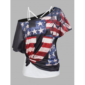 

American Flag Print Skew Collar T Shirt And Strappy Camisole Two Piece Set, Black