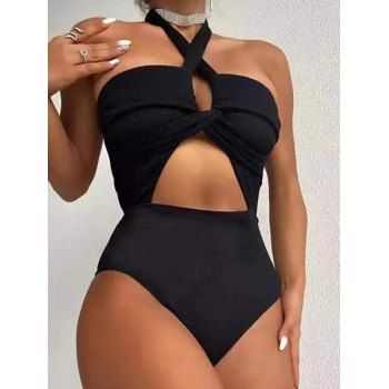 

Cut Out One-piece Swimsuit Cross Halter Backless Padded Pure Color Swimwear Set, Black