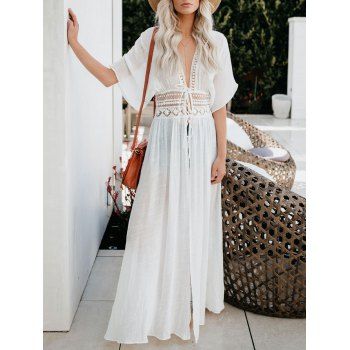 

Lace Insert Sheer Cover-up Tied Solid Color Plunging Neck Flutter Long Cover Up, White