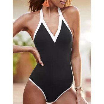 

Ringer Halter One-piece Swimsuit Contrast Color Minimalist Open Back Swimwear, Black