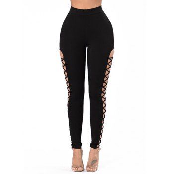 

Lace Up Casual Long Leggings Cut Out Solid Color Elastic High Waist Leggings, Black