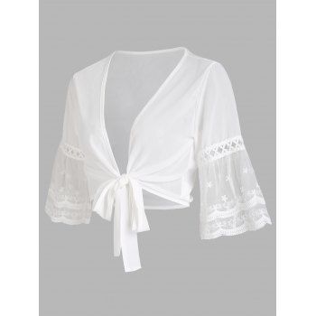 

Sheer Cropped Cover Up Top Crochet Lace Mesh Bell Sleeve Open Front Bowknot Coverups, White
