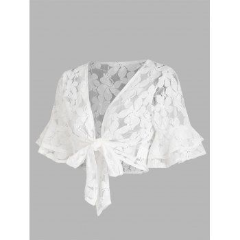 See Thru Flower Lace Crop Cover Up Top Layered Flare Sleeve Open Front Bowknot Coverups