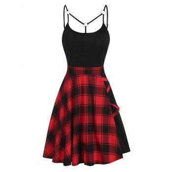 

Plus Size Dress Vintage Dress Tartan Plaid Insert Crisscross O Ring A Line Dress, Red