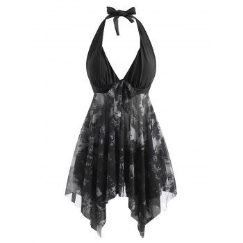 

Plus Size Halter Swimsuit Butterfly Print Mesh Insert Bow Tie Handkerchief Tankini Swimwear, Black