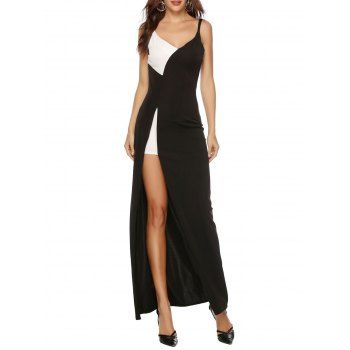 

Two Tone Maxi Dress High Slit Open Back Colorblock V Neck Longline Dress, Black