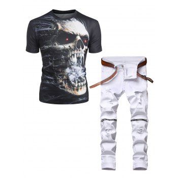 

Skull Print Short Sleeve Gothic T Shirt and Destroy Wash Zipper Embellishment Jeans Casual Outfit, Multicolor