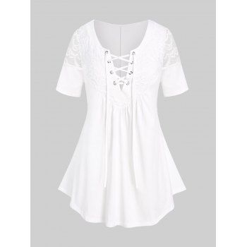 Plus Size Lace-up Design Lace Panel Tee, White