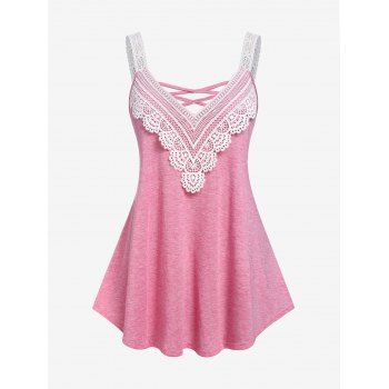 

Plus Size Lace Panel Two Tone Crisscross Tank Top, Light pink