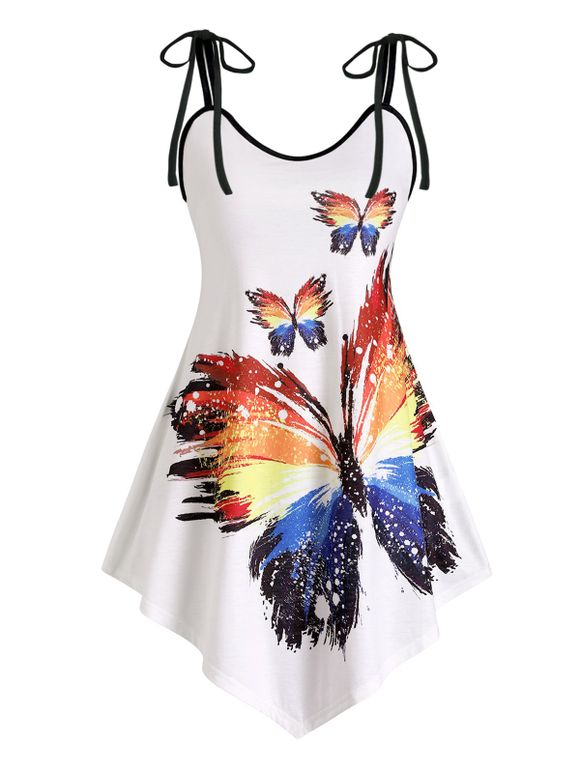 Asymmetrical Rainbow Butterfly Print Tie Shoulder Binding Cami Top - WHITE M
