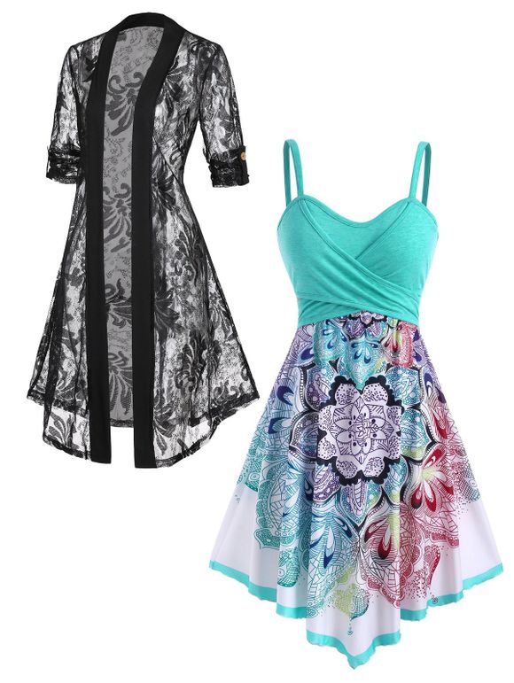 Ensemble d'Eté avec Kimono Transparent en Dentelle Florale Ouverts en Avant et Robe Mi-longue Bohème Fleurie Croisée à Taille Empire - multicolor S