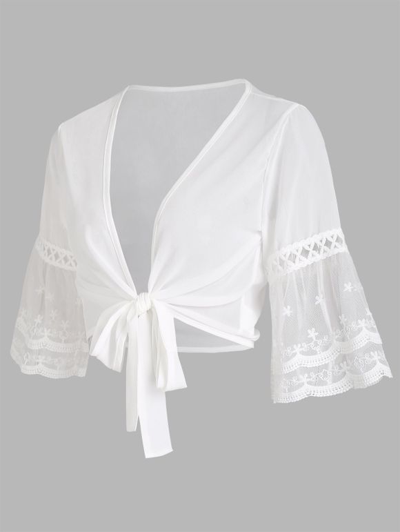 Sheer Cropped Cover Up Top Crochet Lace Mesh Bell Sleeve Open Front Bowknot Coverups - WHITE 3XL