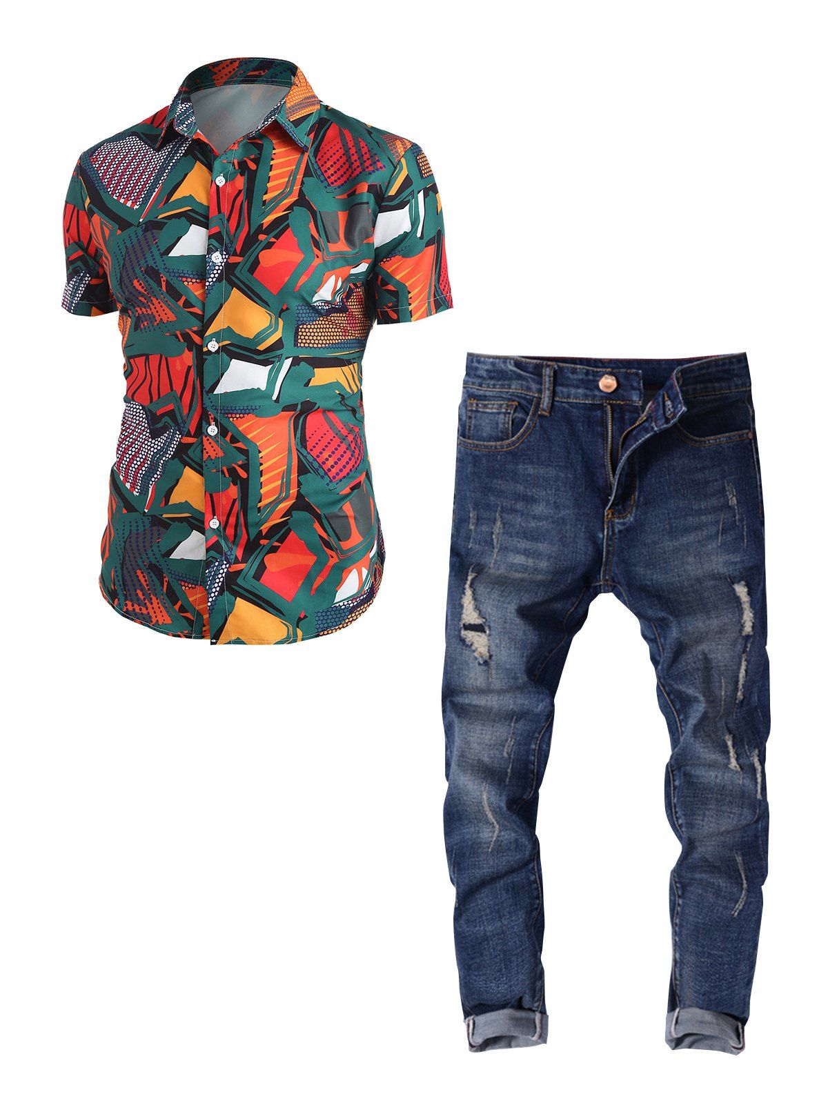 Geometric Pattern Short Sleeves Button Up Shirt and Distressed Scratches Straight Ripped Jeans Casual Outfit - multicolor M