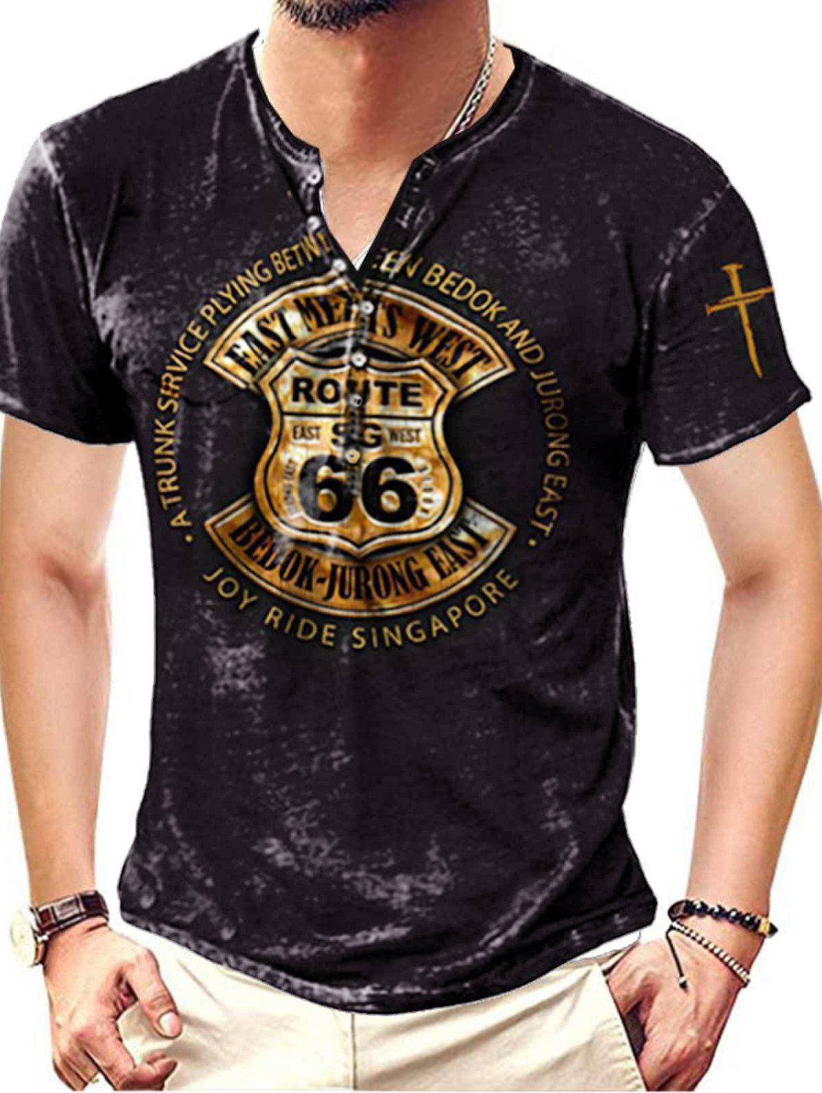 T-shirt Décontracté Vintage Graphique Slogan Au Lavage Foncé avec Demi-Bouton à Manches Courtes - Noir XL