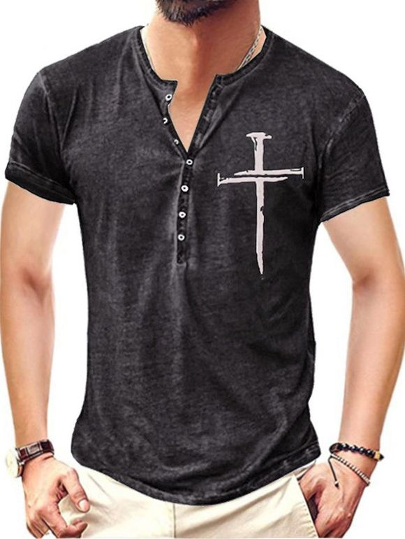 T-shirt D'Eté Vintage Chiné Imprimé à Demi-Bouton à Manches Courtes - Noir XL