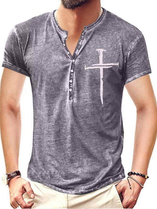 T-shirt D'Eté Vintage Chiné Imprimé à Demi-Bouton à Manches Courtes - Gris 2XL