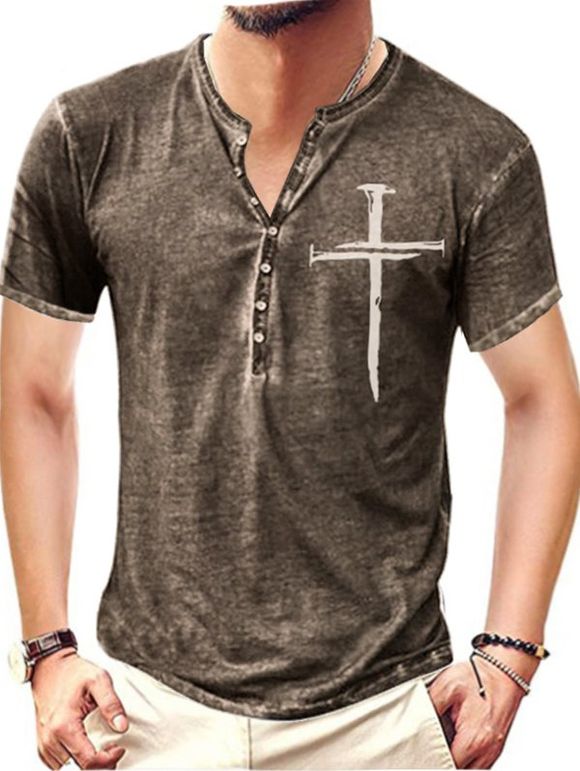 T-shirt D'Eté Vintage Chiné Imprimé à Demi-Bouton à Manches Courtes - Brun 4XL