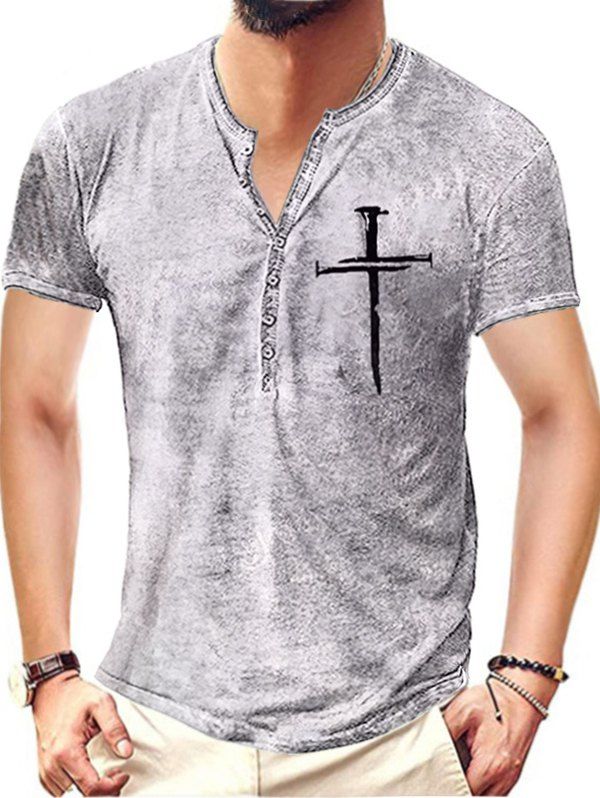 T-shirt D'Eté Vintage Chiné Imprimé à Demi-Bouton à Manches Courtes - Blanc 3XL