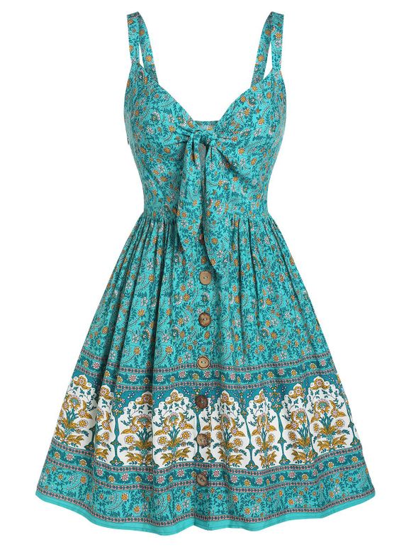 Mini Robe Bohémienne Florale Nouée Boutonnée avec Nœud Papillon en Ligne A avec Faux Bouton - Vert XXL