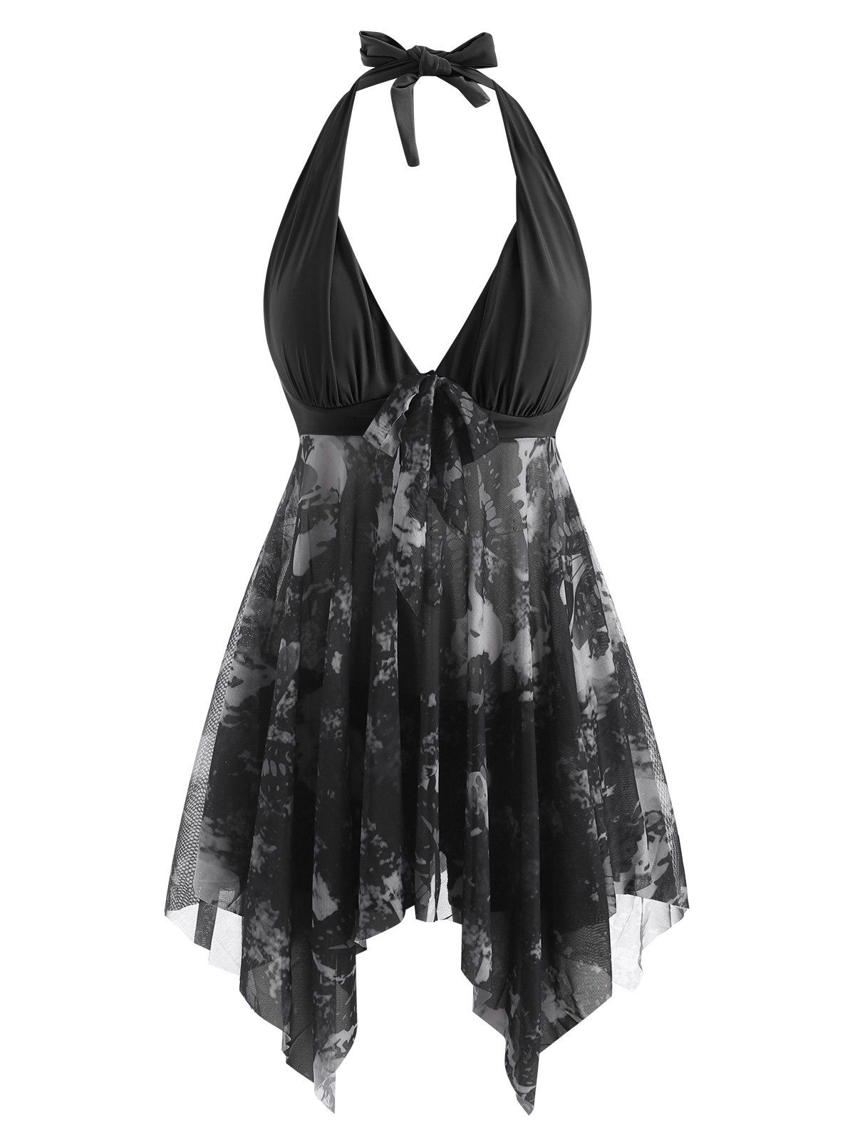 Plus Size Halter Swimsuit Butterfly Print Mesh Insert Bow Tie Handkerchief Tankini Swimwear - BLACK L