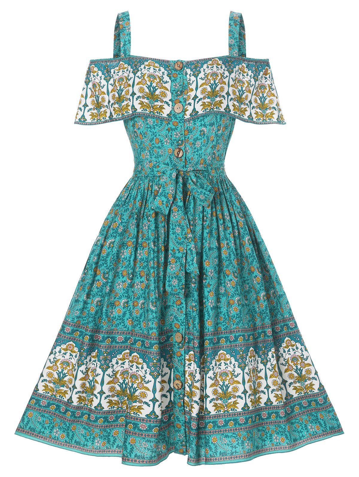 Floral Print Flounce Cold Shoulder Bowknot Dress - GREEN XL