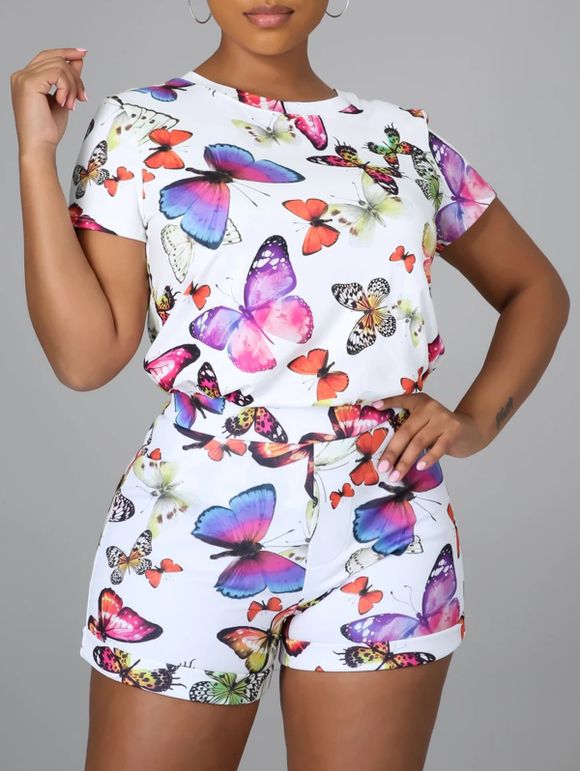 Ensemble T-shirt D'été à Motif Papillon Coloré et Short à Taille Élastique et Short - Blanc XL