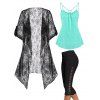 Strappy Heart Ring Cami Top and Sheer Floral Lace Roll up Cuff Kimono and Lace Up Skinny Crop Leggings Summer Casual Outfit - multicolor S