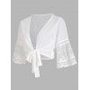 Sheer Cropped Cover Up Top Crochet Lace Mesh Bell Sleeve Open Front Bowknot Coverups - WHITE 2XL