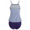 Modest Summer Swimsuit Striped Printed Solid Color Spaghetti Strap Beach Tankini Swimwear - LIGHT BLUE L