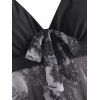 Plus Size Halter Swimsuit Butterfly Print Mesh Insert Bow Tie Handkerchief Tankini Swimwear - BLACK L