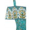Floral Print Flounce Cold Shoulder Bowknot Dress - GREEN XL