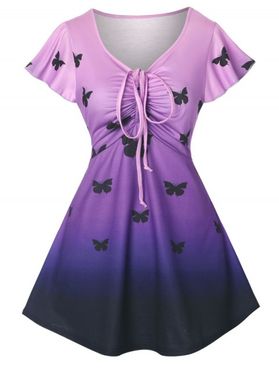Ombre Butterfly Print Cinched Flutter Sleeve T-shirt