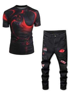Short Sleeve Abstract 3D Print T Shirt and Flower Letter Embroidery Scratches Pockets Jeans Casual Outfit