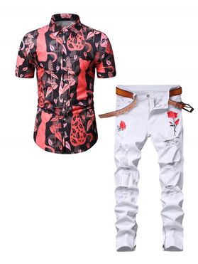 Flower Leaf Cat Print Short Sleeve Button Up Shirt and Floral Embroidery Distressed Ripped Jeans Casual Outfit