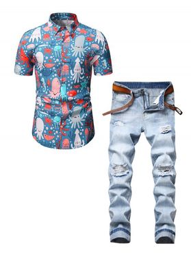 Marine Life Short Sleeve Beach Button Up Shirt and Destressed Ripped Light Wash Jeans Casual Outfit
