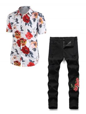 Allover Floral Printed Short Sleeve Button Up Shirt and Flower Embroidery Ripped Distressed Jeans Casual Outfit