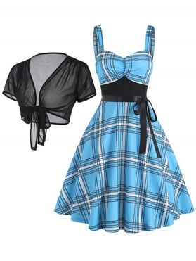 Vintage Plaid Print Lace Insert Bowknot A Line Dress and Sheer Mesh Open Front Crop Cover Up Summer Outfit
