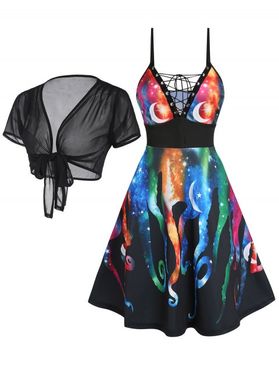 Galaxy Octopus Print Lace Up Plunging Neck High Waist Sundress and Sheer Mesh Open Front Bowknot Crop Cover Up Summer Outfit