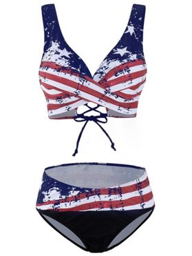 Summer Vacation Swimsuit American Flag Striped Print Patriotic Lace Up Crisscross Bikini Swimwear