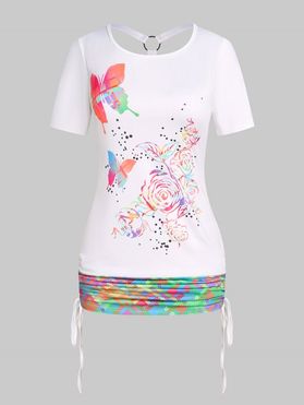Plus Size Casual T Shirt Butterfly Rose Print Cut Out Ruched Cinched Summer Tee