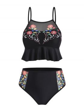 Plus Size Summer Vacation Swimsuit Floral Mesh Insert Ruffle High Waist Tankini Swimwear