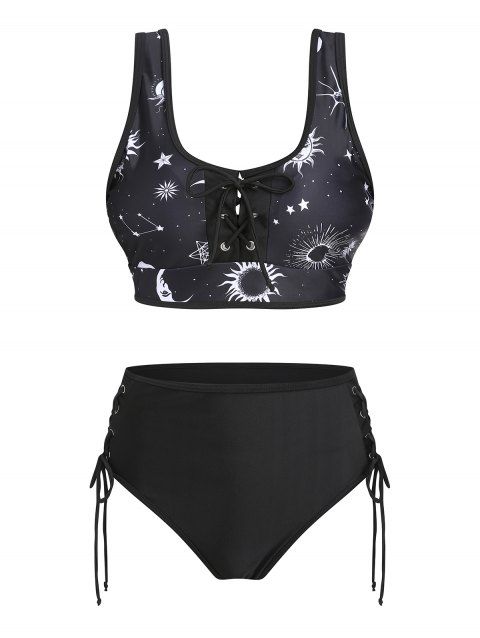 Lace Up Summer Beach Swimsuit Sun Moon Star Print High Waist Tankini Swimwear