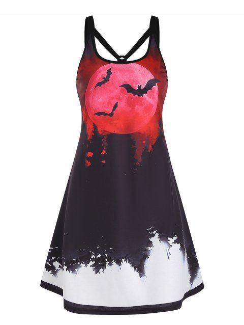 Bat Blood Moon Night Print Mini Dress Sleeveless Open Back A Line Dress